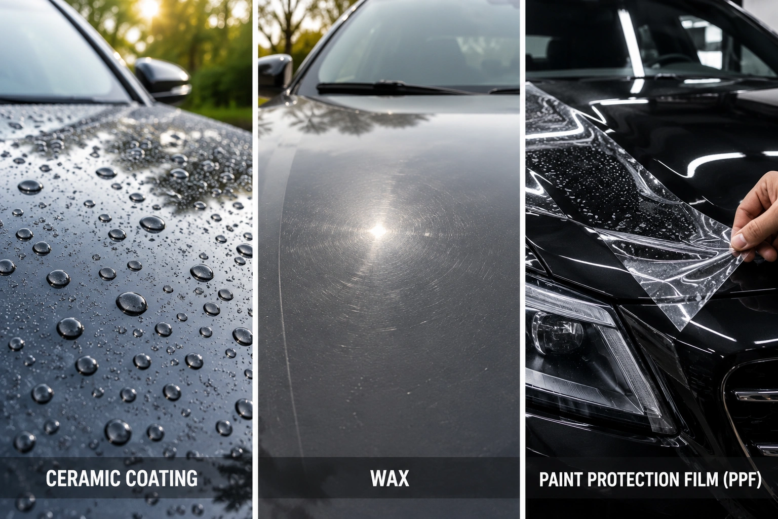 Comparison of ceramic coating, car wax, and paint protection film on a vehicle's
paint