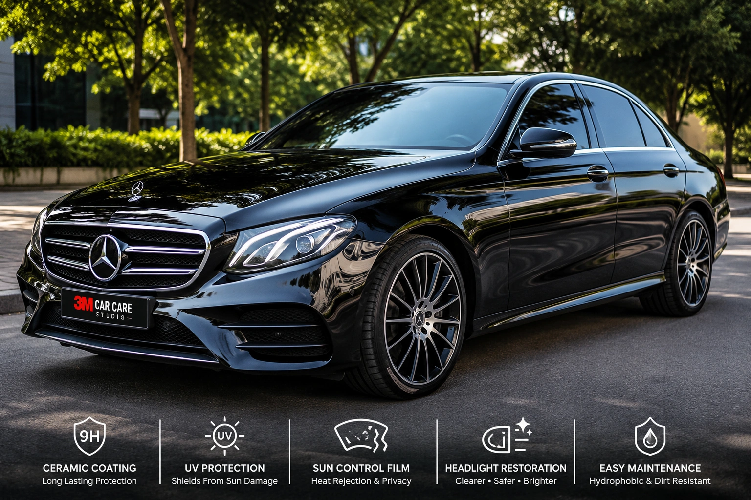 Luxury car protected with ceramic coating,
restored headlights, and premium sun control window film
