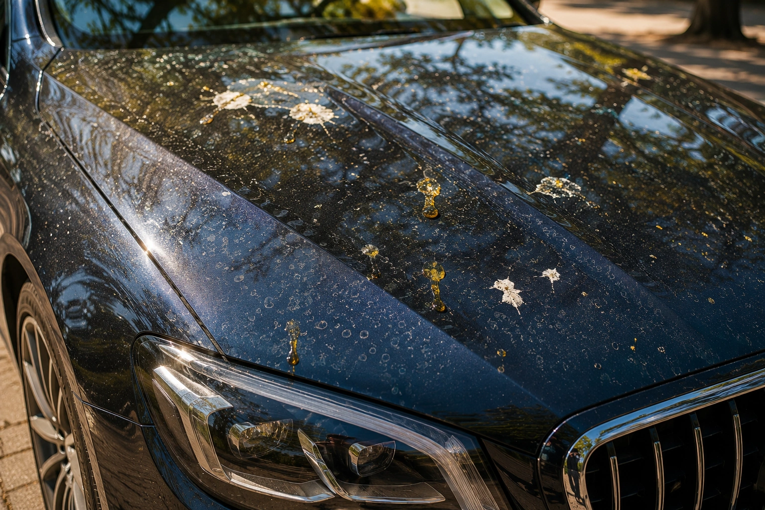 Luxury car showing bird droppings, tree sap, dust, and water spots causing daily
paint damage