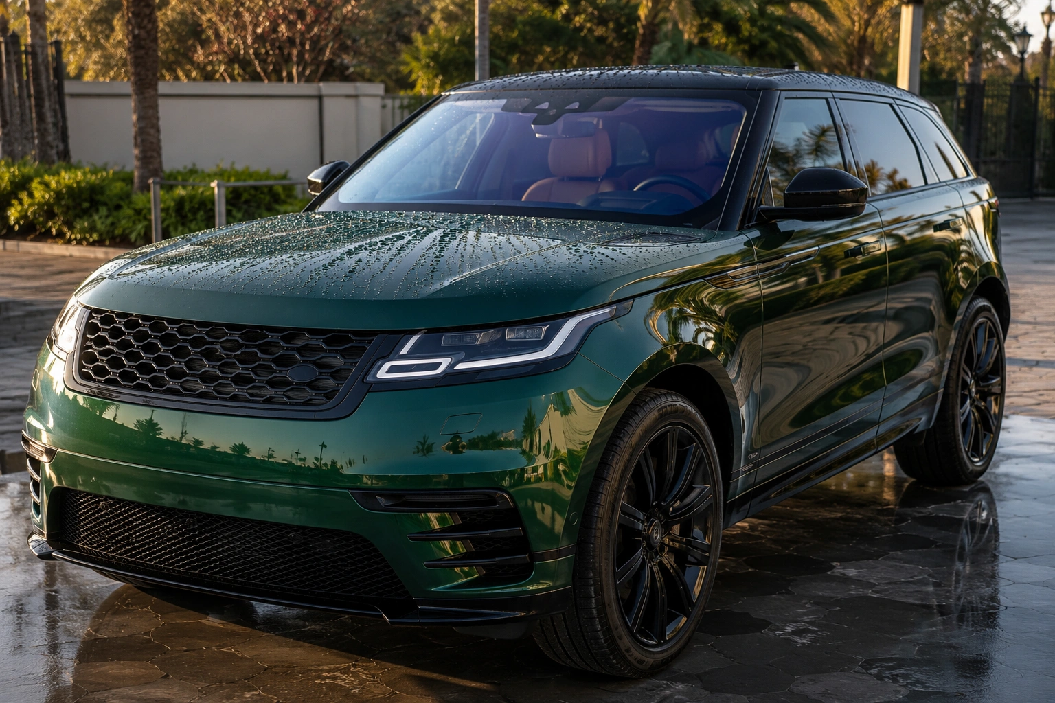 Luxury car with professionally applied ceramic coating showing water beading and a
glossy finish