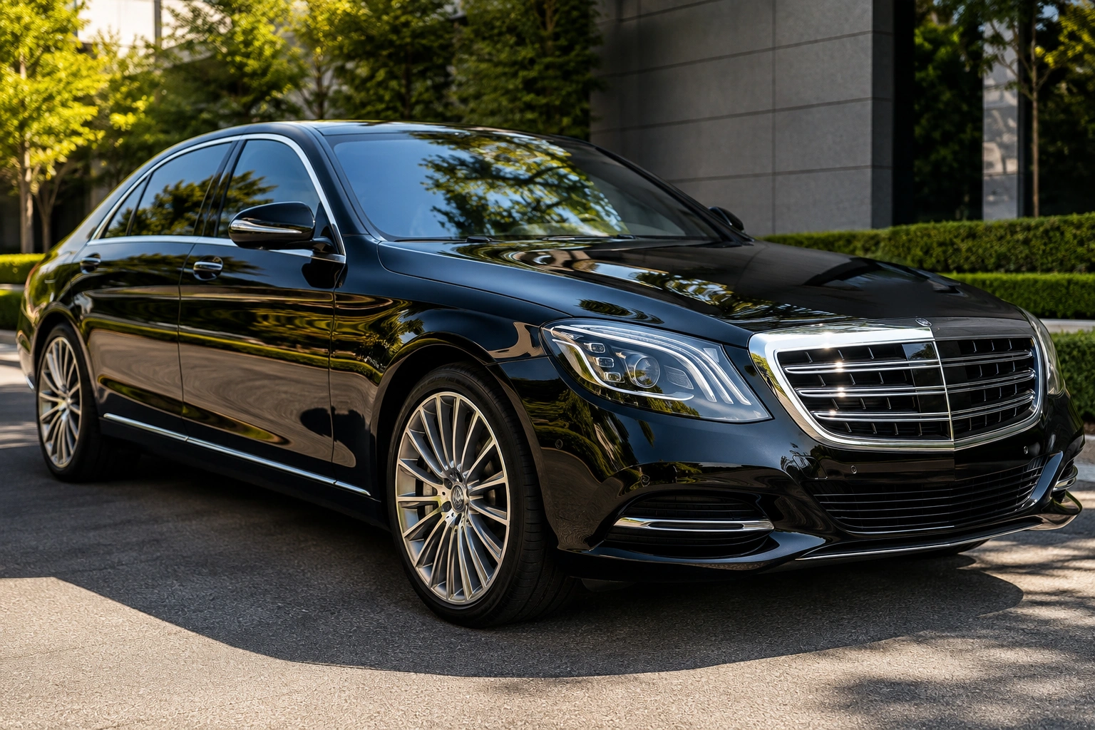 Luxury sedan with polished paint and ceramic coating showing a glossy mirror-like
finish