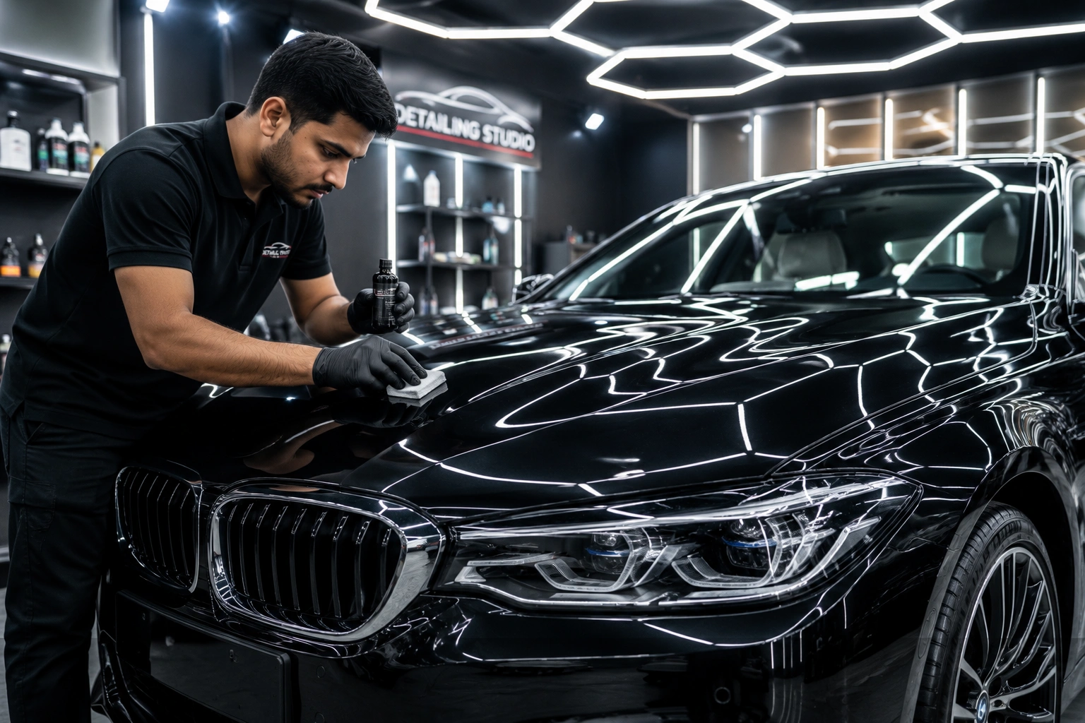 Technician installing transparent Paint Protection
Film (PPF) on a white luxury car in a professional detailing studio
