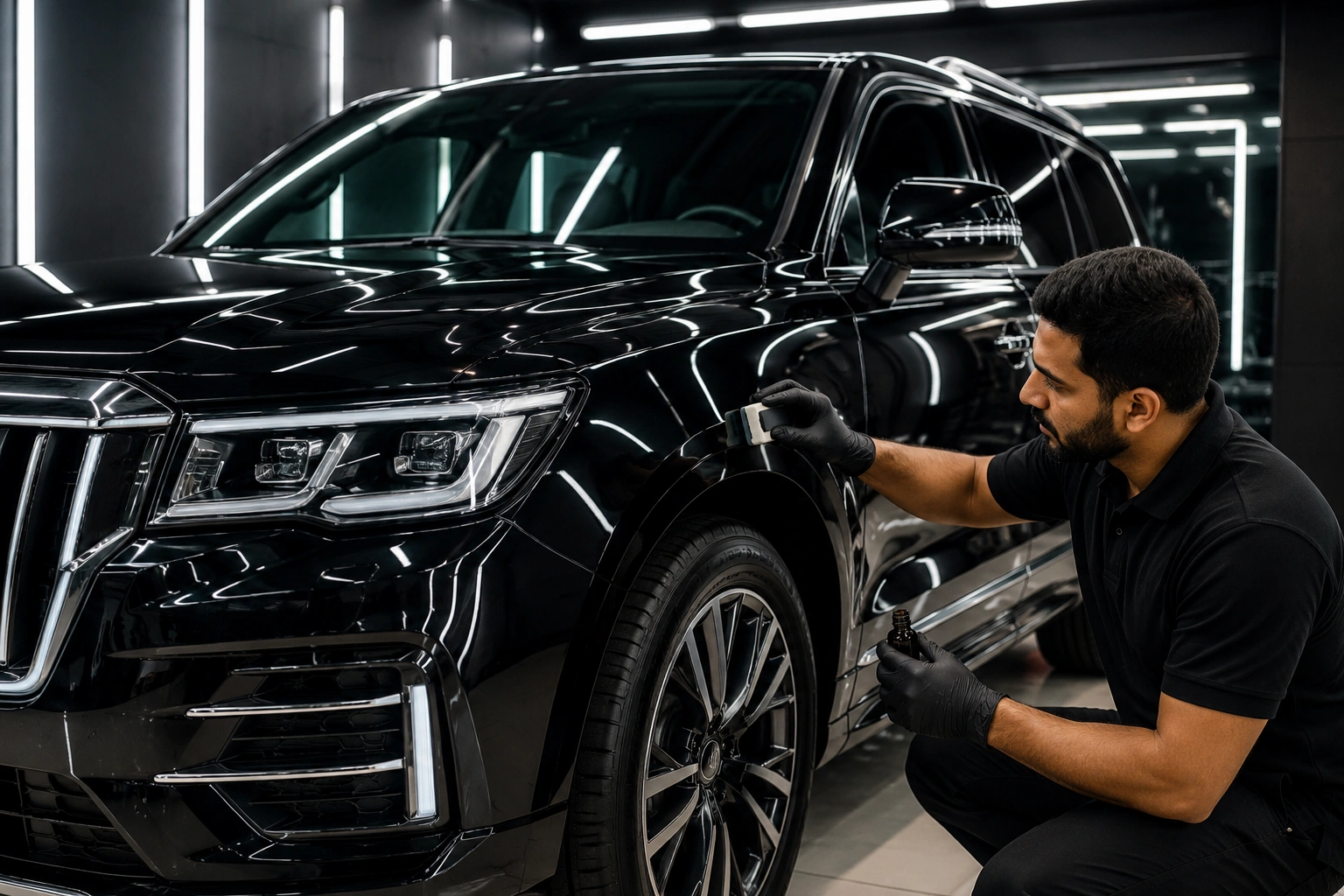 Professional technician applying ceramic
coating to a luxury SUV inside a detailing studio
