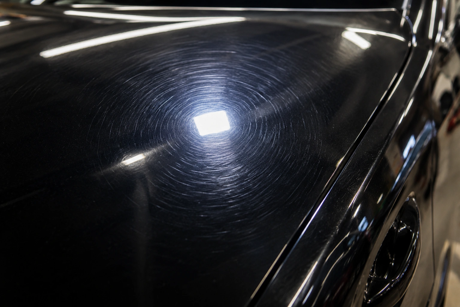 Swirl marks on black car paint before professional paint correction
