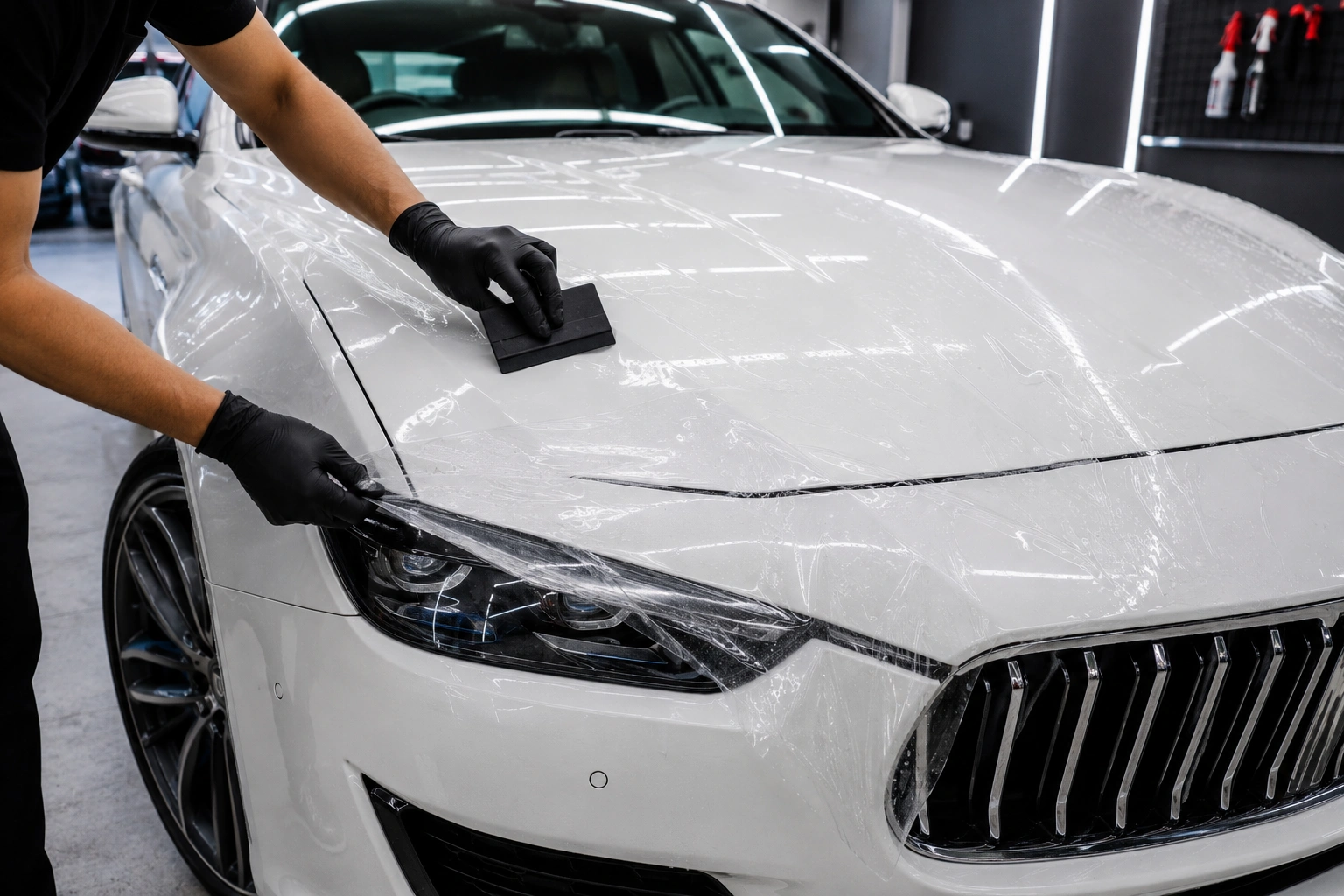 Technician installing transparent Paint Protection
Film (PPF) on a white luxury car in a professional detailing studio